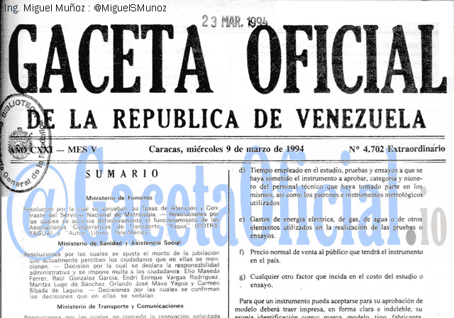 Gaceta Oficial 4702 del 9 Marzo 1994