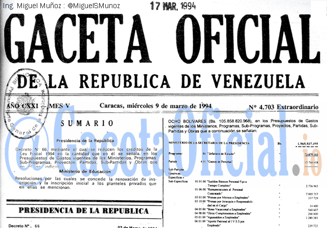 Gaceta Oficial 4703 del 9 Marzo 1994
