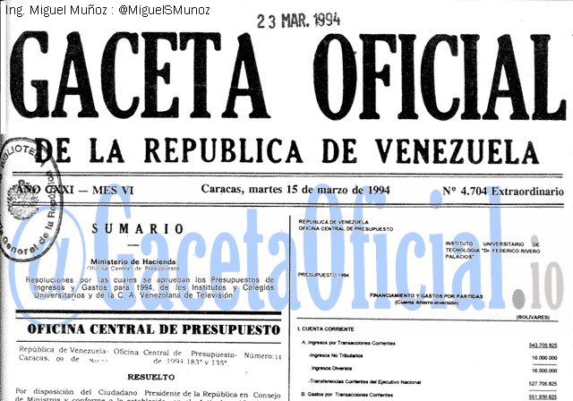 Gaceta Oficial 4704 del 15 Marzo 1994