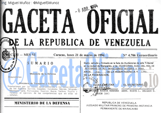 Gaceta Oficial 4706 del 21 Marzo 1994