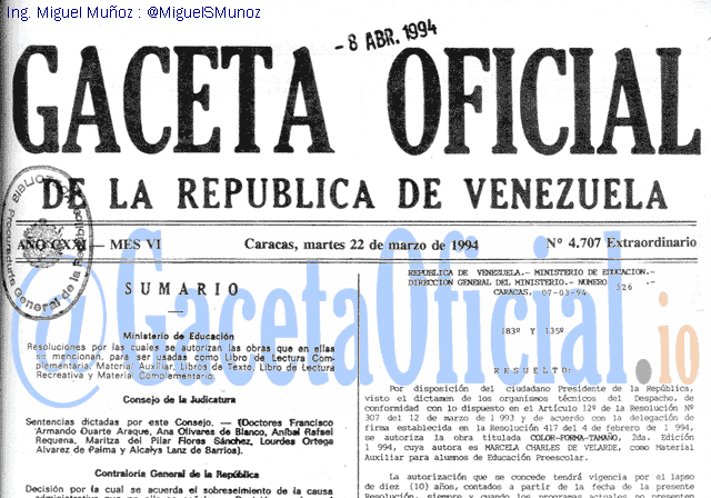 Gaceta Oficial 4707 del 22 Marzo 1994