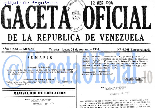 Gaceta Oficial 4708 del 24 Marzo 1994