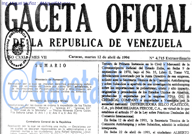 Gaceta Oficial 4715 del 12 Abril 1994