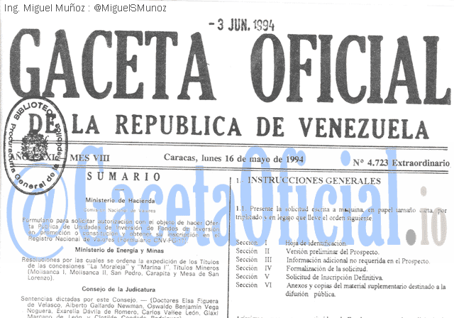 Gaceta Oficial 4723 del 16 Mayo 1994