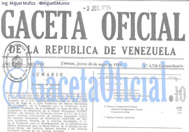 Gaceta Oficial 4726 del 26 Mayo 1994