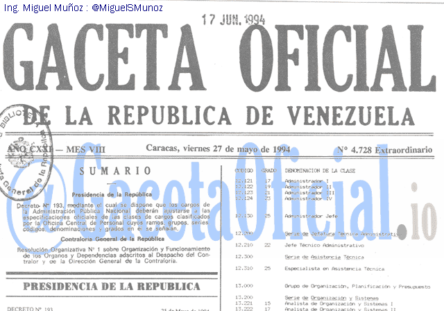 Gaceta Oficial 4728 del 27 Mayo 1994