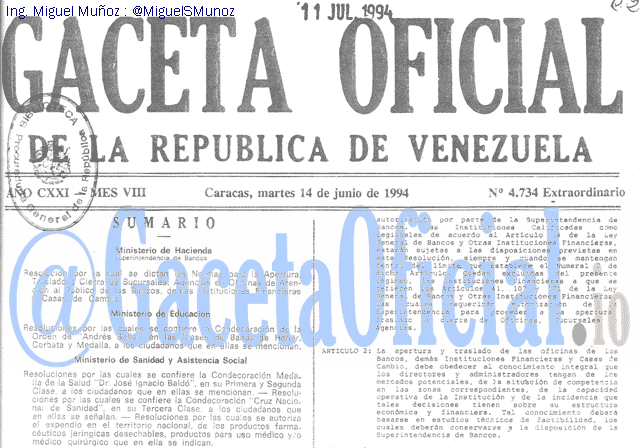 Gaceta Oficial 4734 del 14 Junio 1994