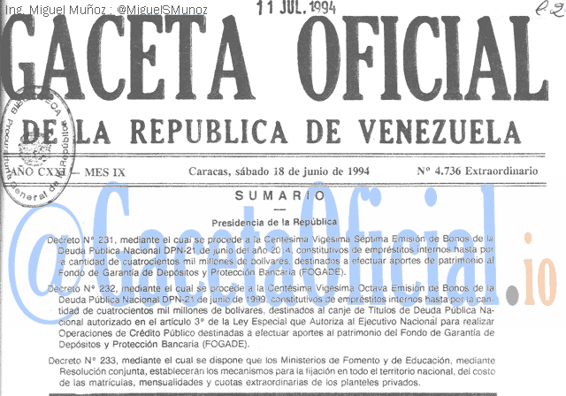 Gaceta Oficial 4736 del 18 Junio 1994