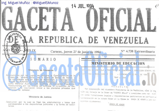 Gaceta Oficial 4738 del 23 Junio 1994