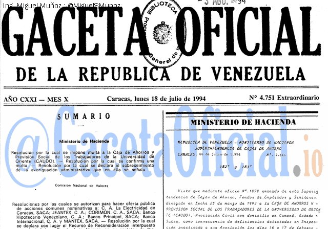 Gaceta Oficial 4751 del 18 Julio 1994