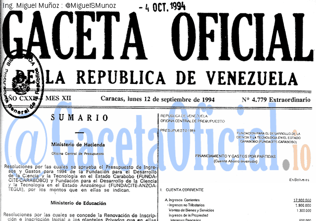 Gaceta Oficial 4779 del 12 Septiembre 1994