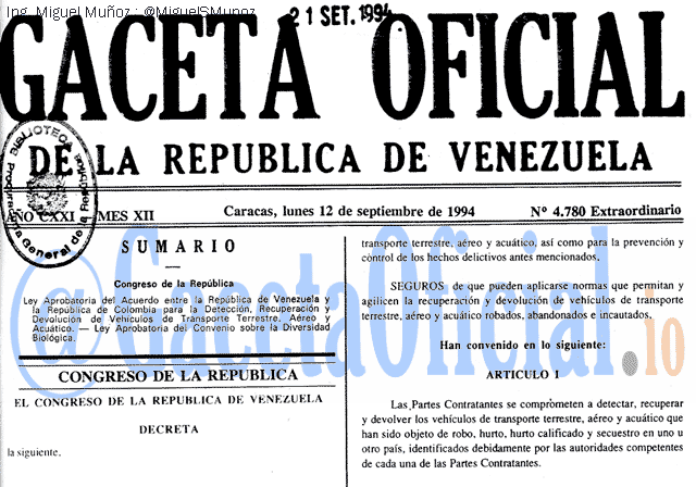 Gaceta Oficial 4780 del 12 Septiembre 1994