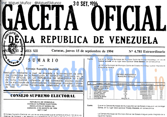 Gaceta Oficial 4781 del 15 Septiembre 1994
