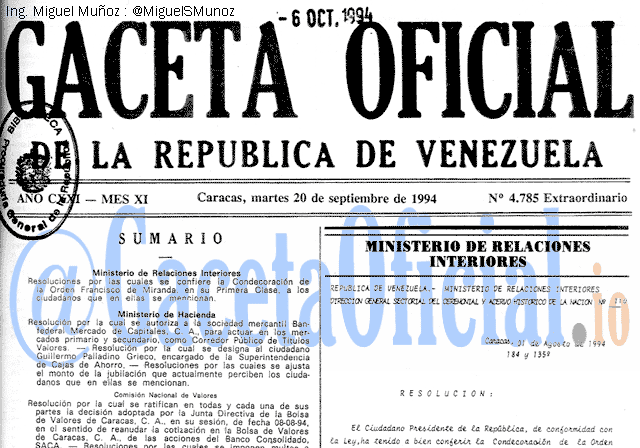 Gaceta Oficial 4785 del 20 Septiembre 1994