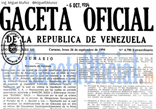 Gaceta Oficial 4790 del 26 Septiembre 1994
