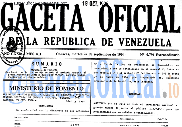 Gaceta Oficial 4791 del 27 Septiembre 1994