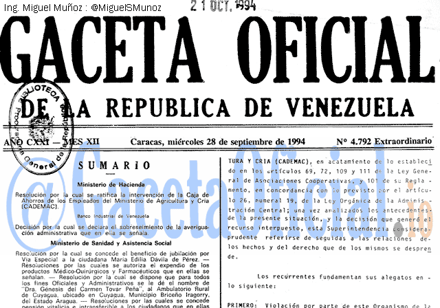 Gaceta Oficial 4792 del 28 Septiembre 1994