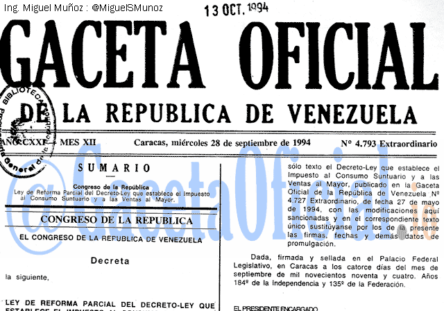 Gaceta Oficial 4793 del 28 Septiembre 1994