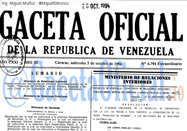 Gaceta Oficial 4794 del 5 Octubre 1994
