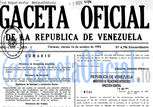 Gaceta Oficial 4796 del 14 Octubre 1994