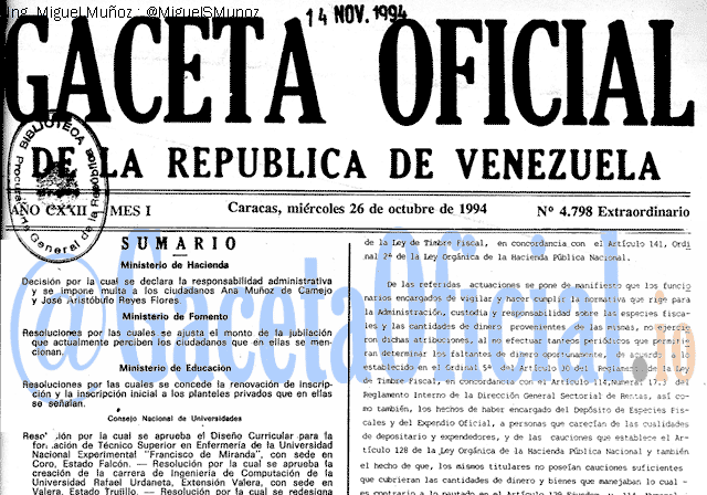 Gaceta Oficial 4798 del 26 Octubre 1994