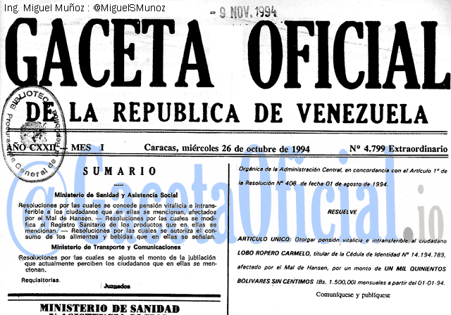 Gaceta Oficial 4799 del 26 Octubre 1994