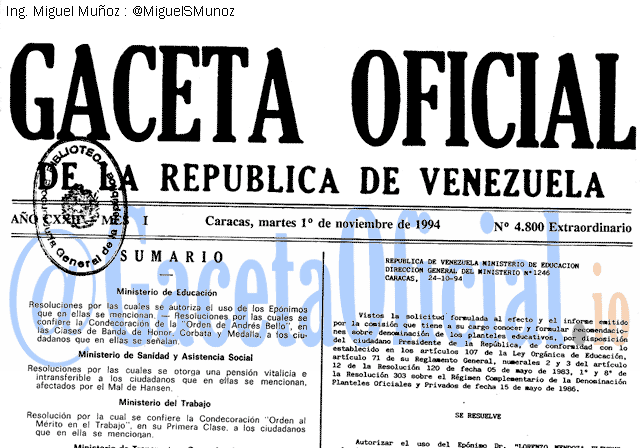 Gaceta Oficial 4800 del 1 Noviembre 1994