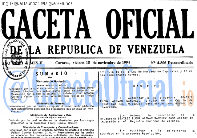 Gaceta Oficial 4806 del 18 Noviembre 1994