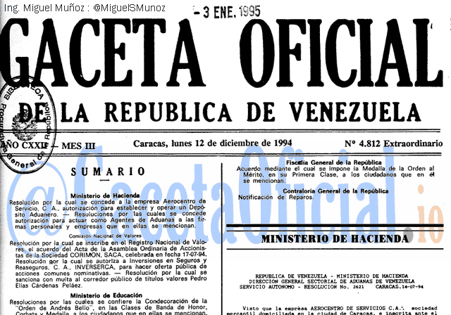 Gaceta Oficial 4812 del 12 Diciembre 1994