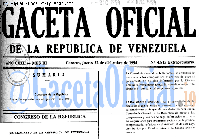 Gaceta Oficial 4815 del 22 Diciembre 1994