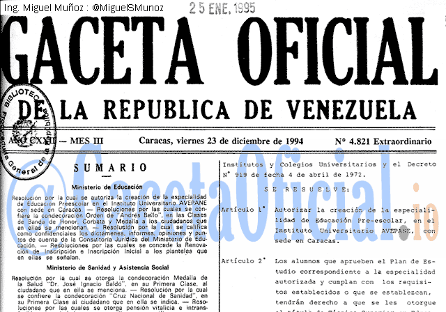 Gaceta Oficial 4821 del 23 Diciembre 1994