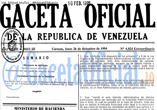 Gaceta Oficial 4824 del 26 Diciembre 1994