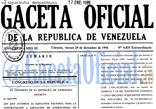 Gaceta Oficial 4831 del 29 Diciembre 1994