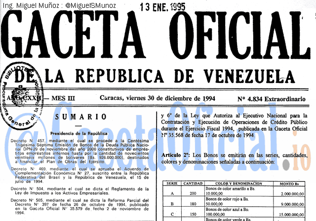 Gaceta Oficial 4834 del 30 Diciembre 1994