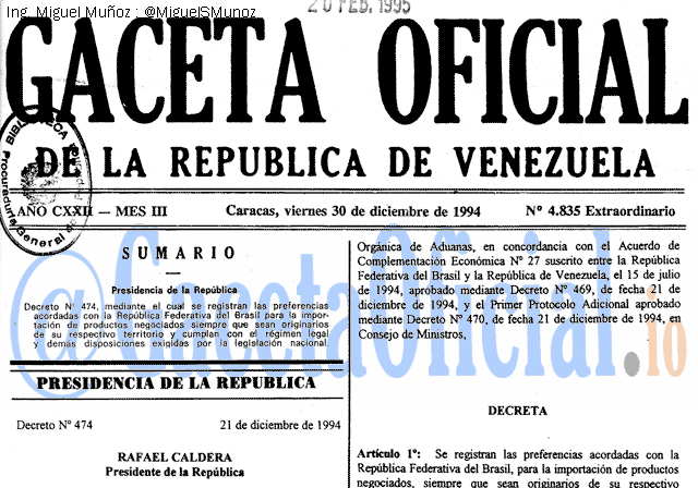 Gaceta Oficial 4835 del 30 Diciembre 1994