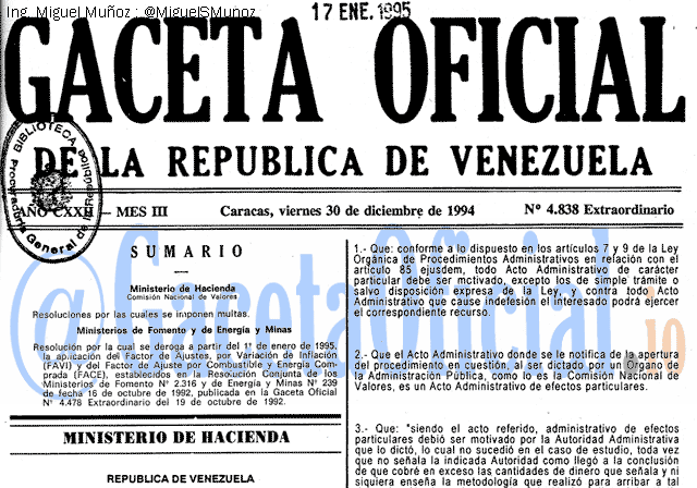 Gaceta Oficial 4838 del 30 Diciembre 1994
