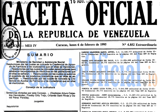 Gaceta Oficial 4852 del 6 Febrero 1995