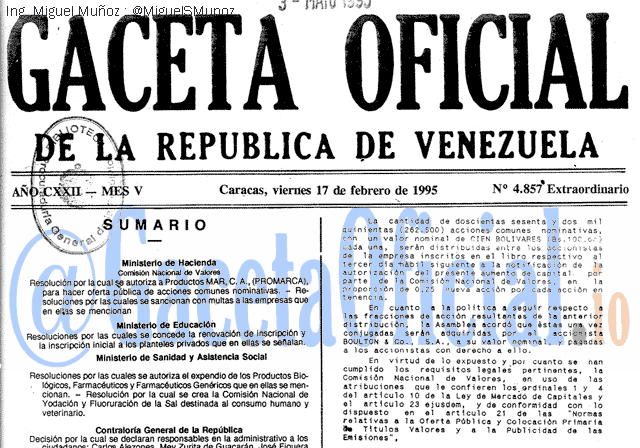 Gaceta Oficial 4857 del 17 Febrero 1995