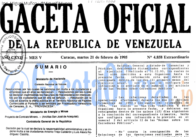 Gaceta Oficial 4858 del 21 Febrero 1995