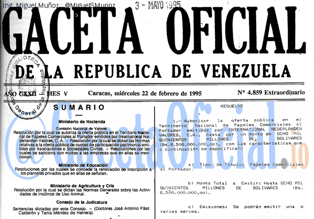 Gaceta Oficial 4859 del 22 Febrero 1995