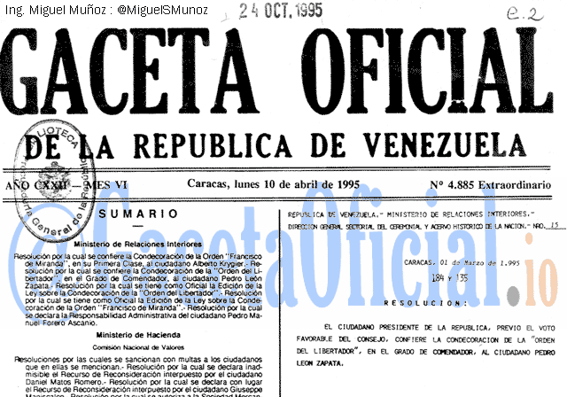 Gaceta Oficial 4885 del 10 Abril 1995
