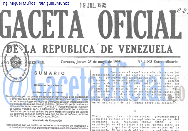 Gaceta Oficial 4903 del 25 Mayo 1995