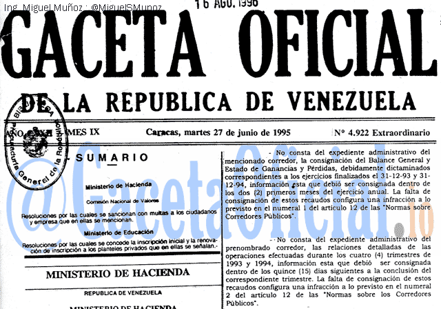 Gaceta Oficial 4922 del 27 Junio 1995