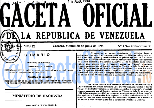 Gaceta Oficial 4926 del 30 Junio 1995