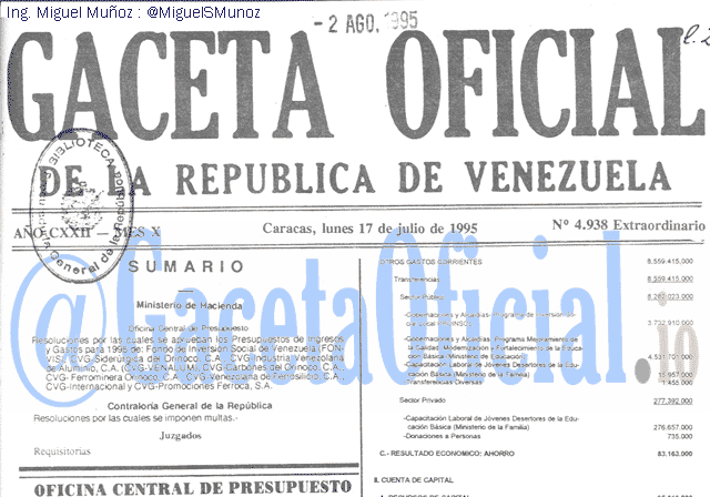 Gaceta Oficial 4938 del 17 Julio 1995