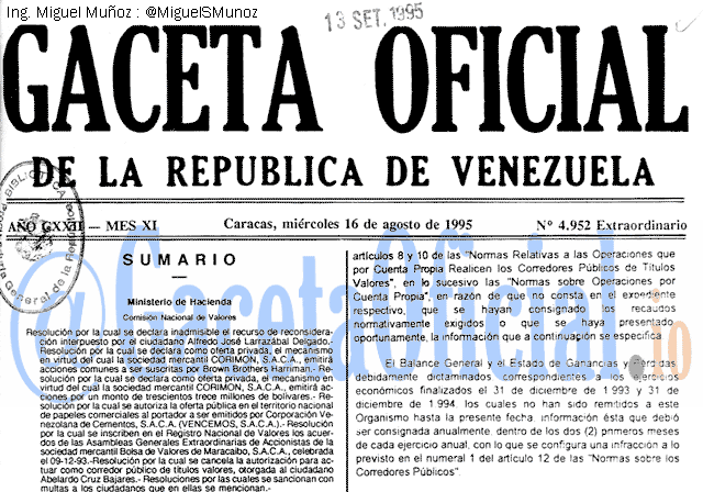Gaceta Oficial 4952 del 16 Agosto 1995