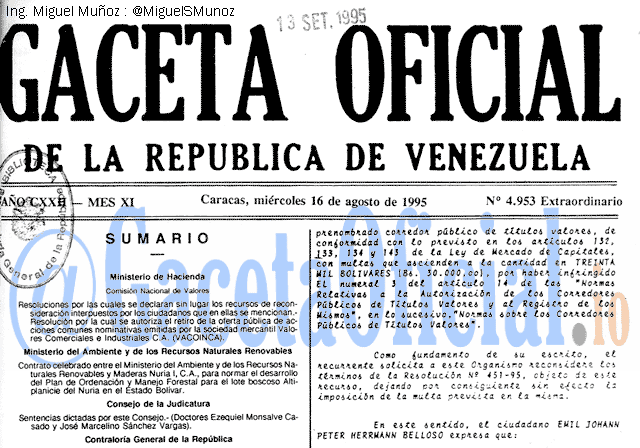 Gaceta Oficial 4953 del 16 Agosto 1995