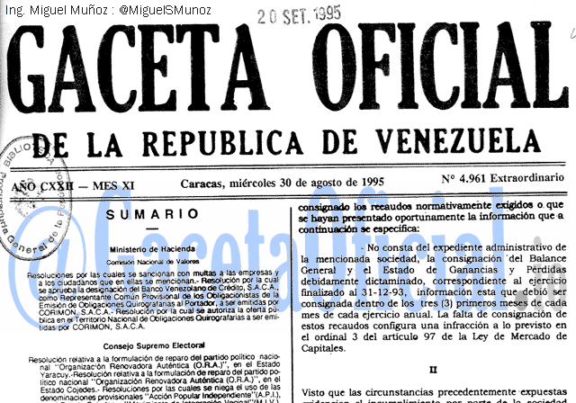 Gaceta Oficial 4961 del 30 Agosto 1995