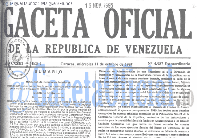 Gaceta Oficial 4987 del 11 Octubre 1995