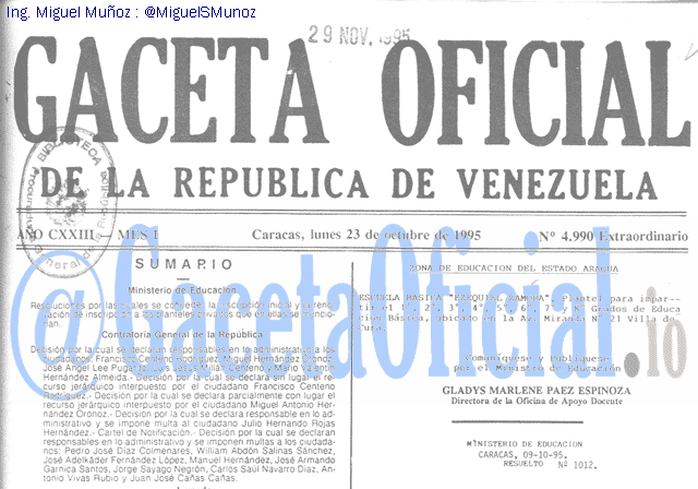 Gaceta Oficial 4990 del 23 Octubre 1995